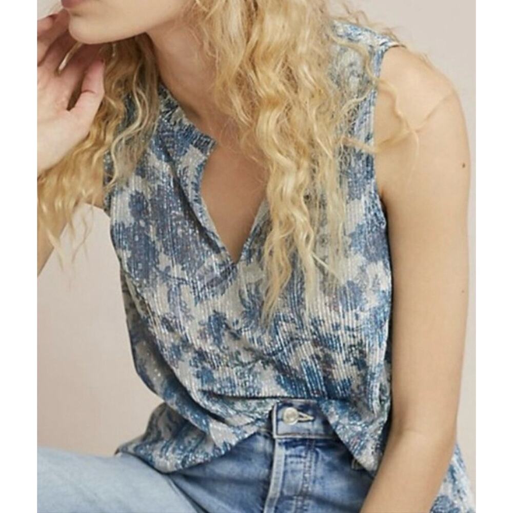 Vanessa Virginia Anthropologie Silver Blue Floral Sleeveless Blouse Size S
